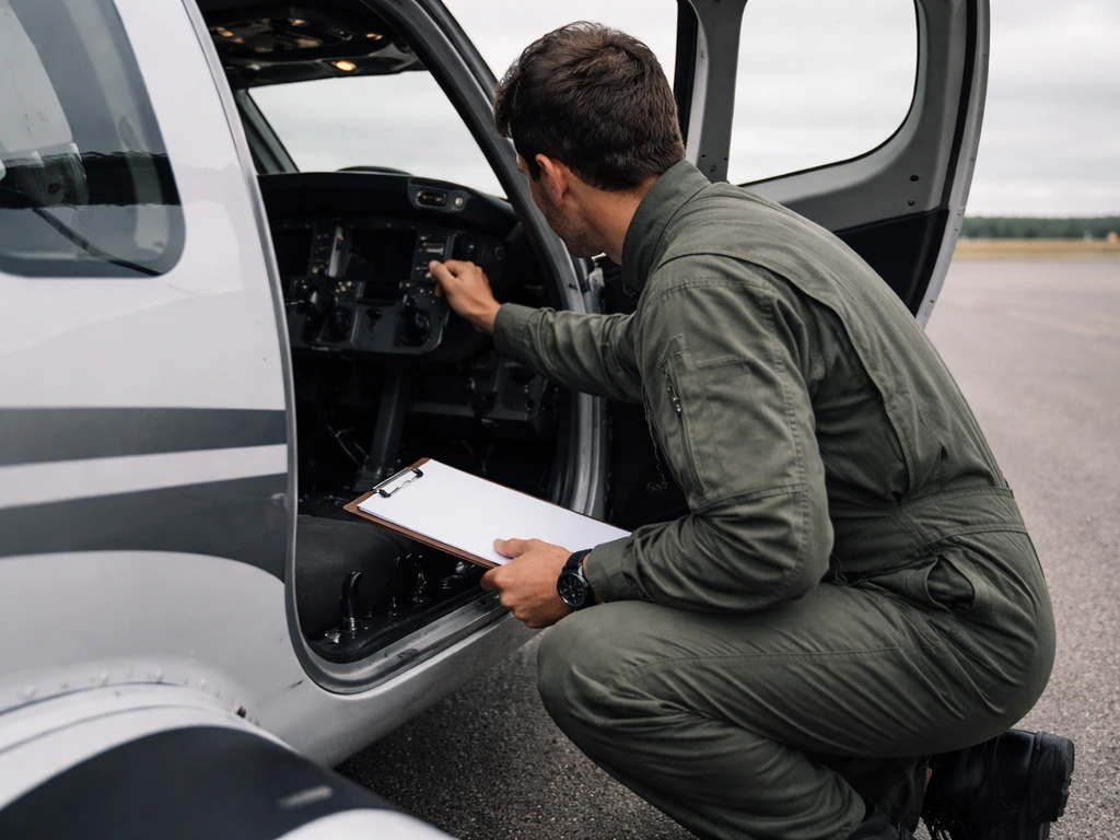 Anonymous pilot kneeling by an aircraft with a notepad, assessing after a suspected bird strike on an airfield.