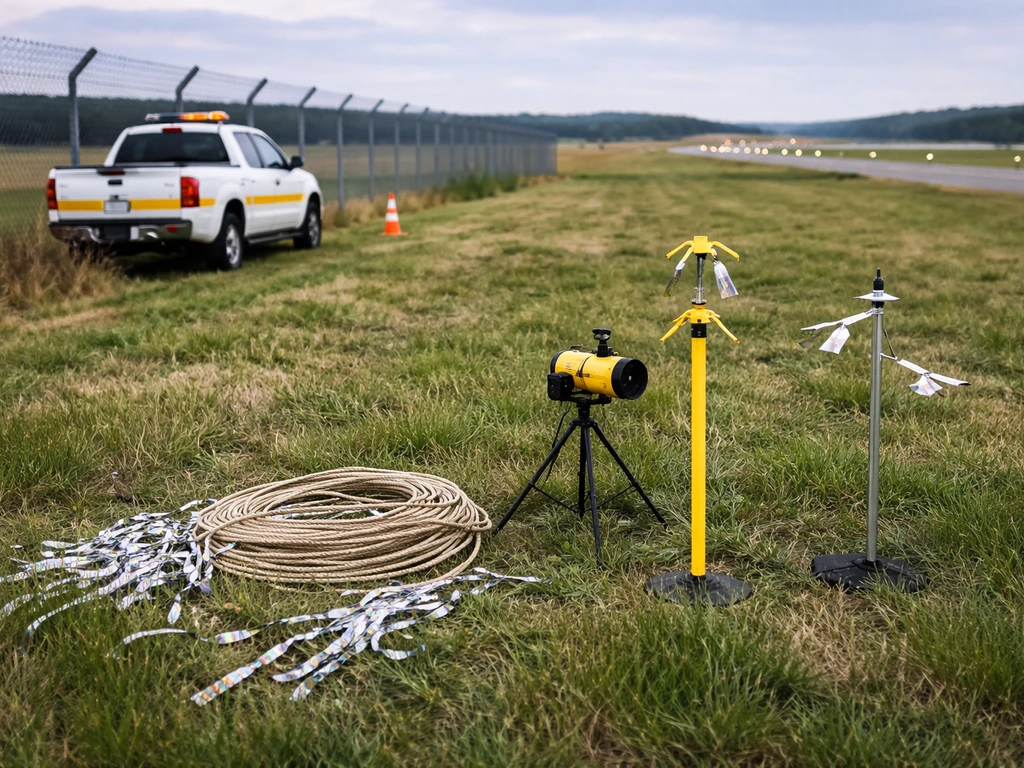 Airport runway-edge field with habitat-controlled grass and bird deterrent equipment near the fence.