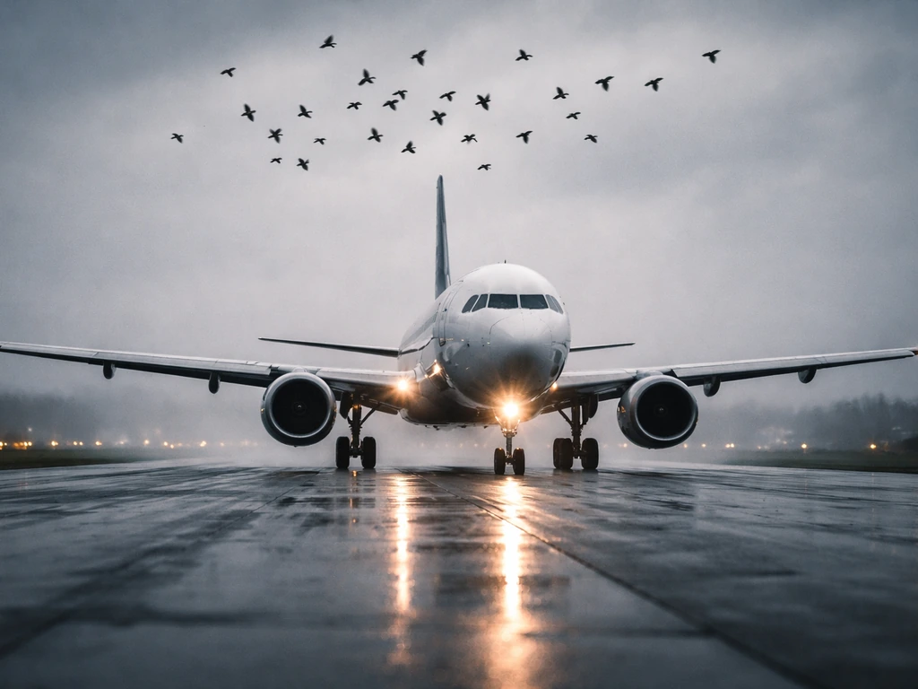 Commercial jet near an airport runway with birds flying overhead, dramatic urgent news atmosphere.