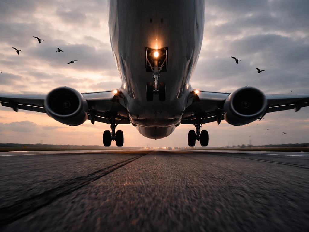 Low-angle view of a plane near takeoff with birds flying overhead in the sky.