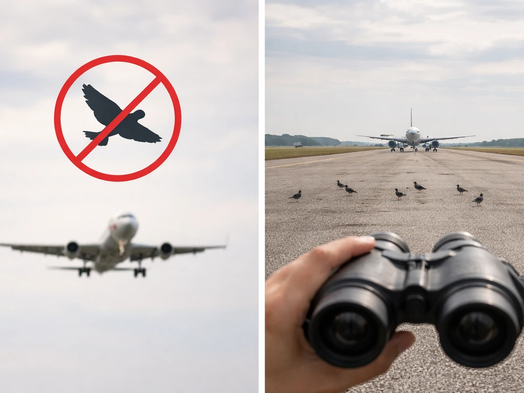 Split image: jet with a bird slash for myth on left; runway birds and aircraft sighting cue on right.