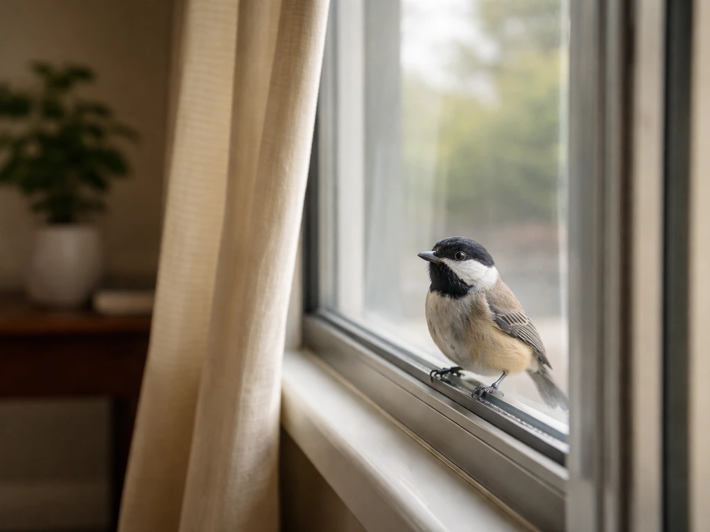 Small bird near a reflective home window, with household cues suggesting how birds can be fatally harmed.