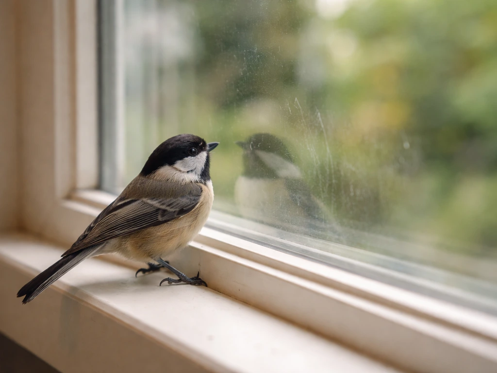 Small wild bird close to a clear window pane, reflecting greenery in the glass.
