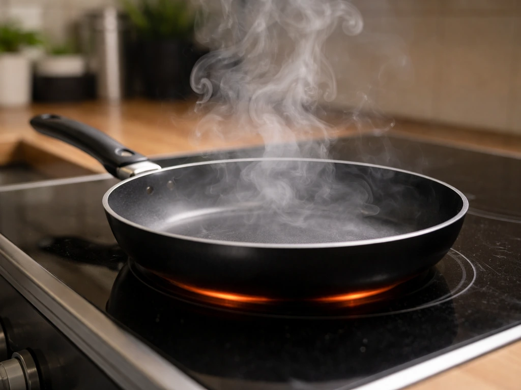 Smoke and fumes rising from an overheated non-stick pan on a stove