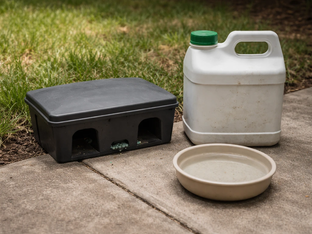 Outdoor bait station and pesticide container on a concrete patio, showing potential exposure risk to birds.
