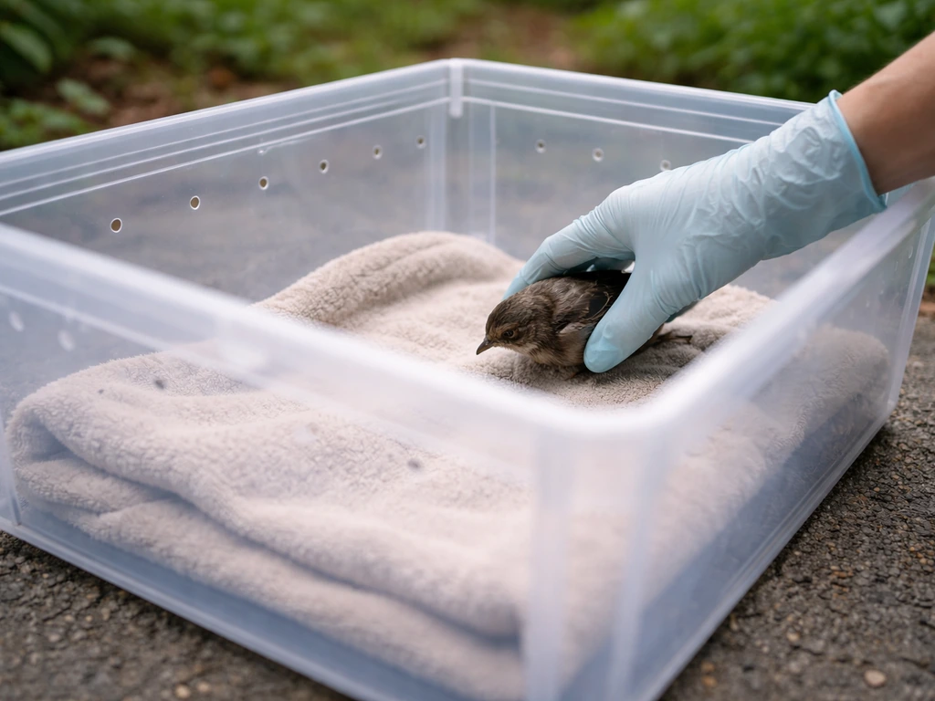 Gloved hand placing a small injured bird into a ventilated plastic box lined with a towel.