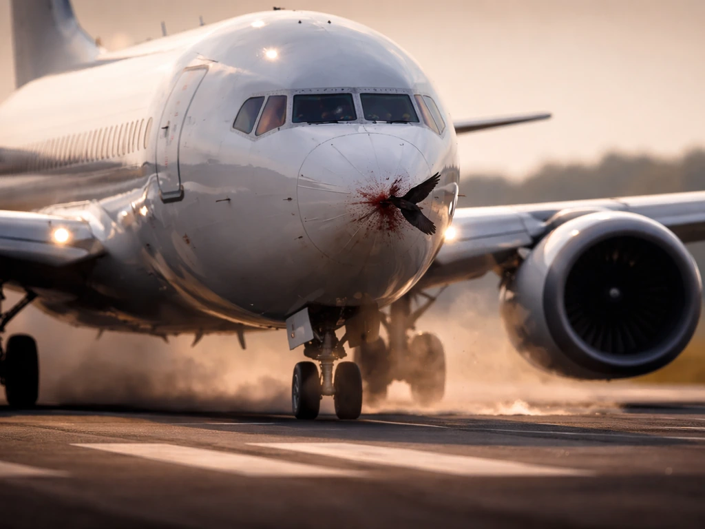 Airplane on runway with a bird visible near the nose/engine in a realistic impact-moment scene.