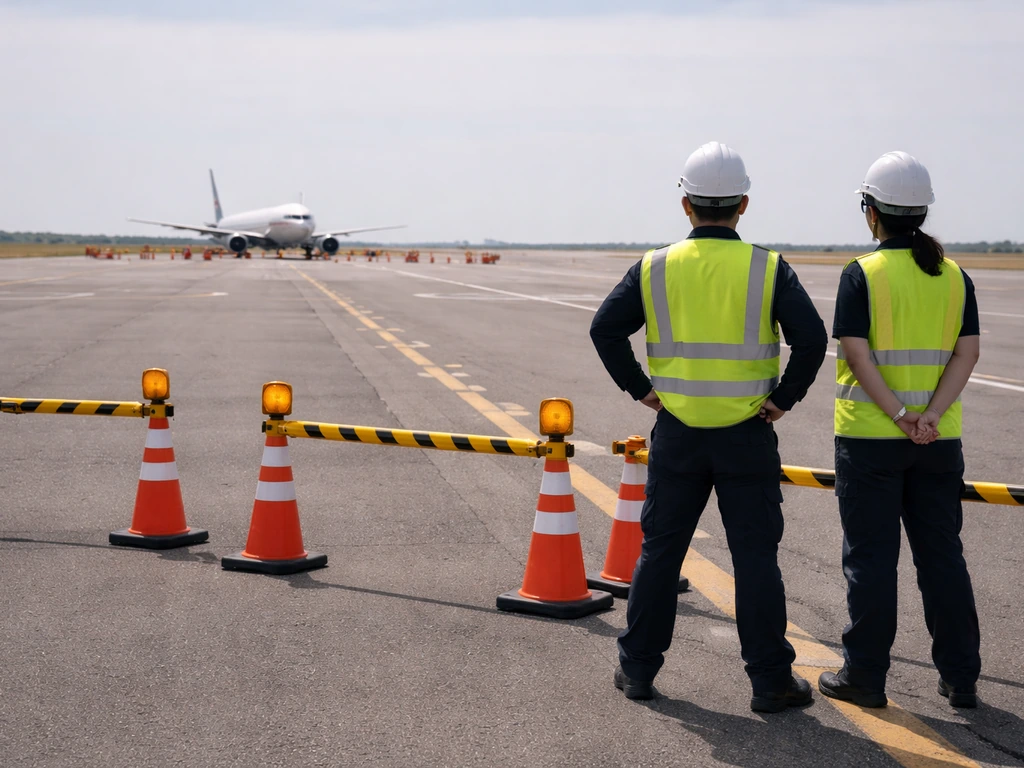 Airport safety workers in high-visibility gear directing traffic away from a grounded aircraft on the tarmac.