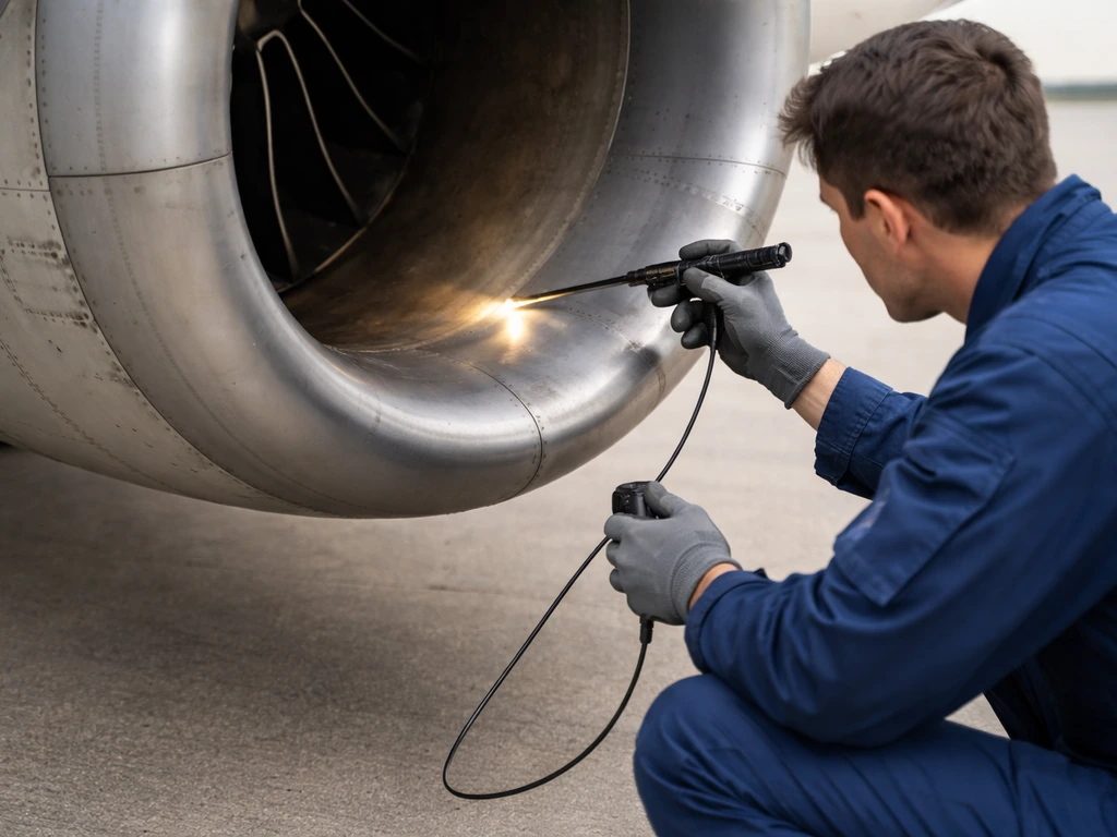 Technician inspects a plane engine leading edge with borescope and flashlight for bird strike evidence.