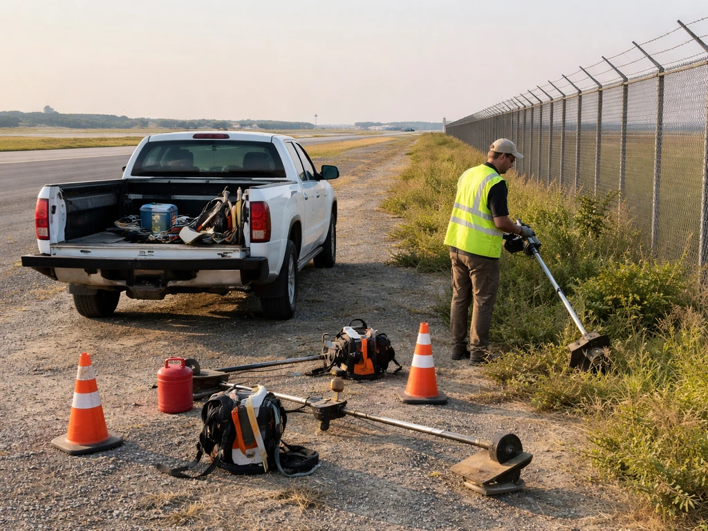 Airport boundary wildlife control crew near vegetation management equipment by the runway