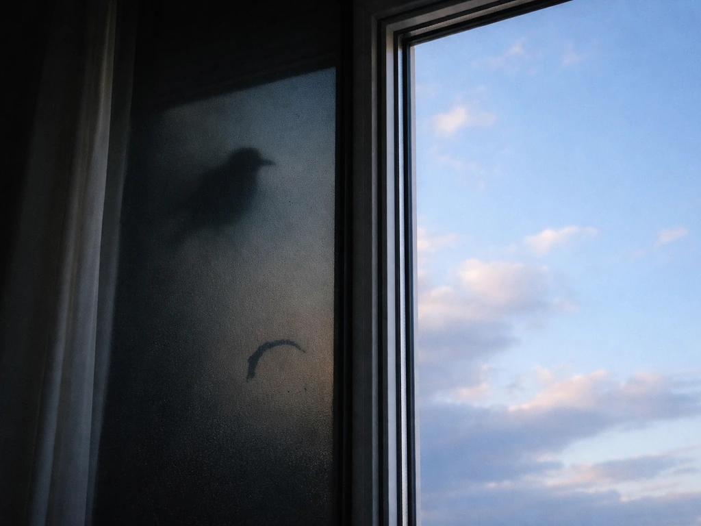 Window with eerie reflection fading into clear daylight, symbolizing superstition versus reality