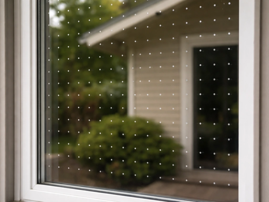 Close-up of small bird-deterrent markers on an exterior glass window reducing reflections