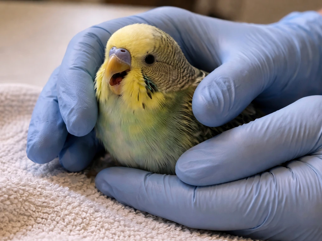 A small injured bird in a caregiver’s hands, showing signs of breathing distress.