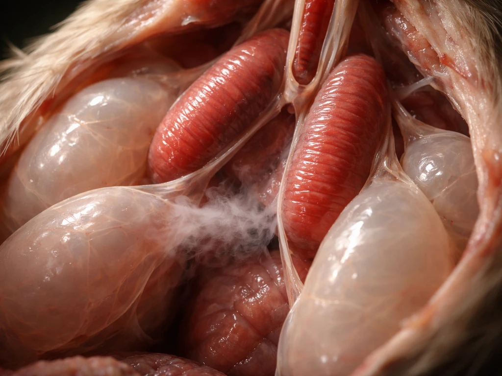 Cutaway view of a bird’s rigid lungs and air sacs with one air sac ruptured and mist leaking.