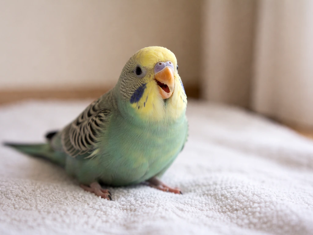 Close photo of a small pet bird on a towel with open-mouth breathing and visibly heaving chest