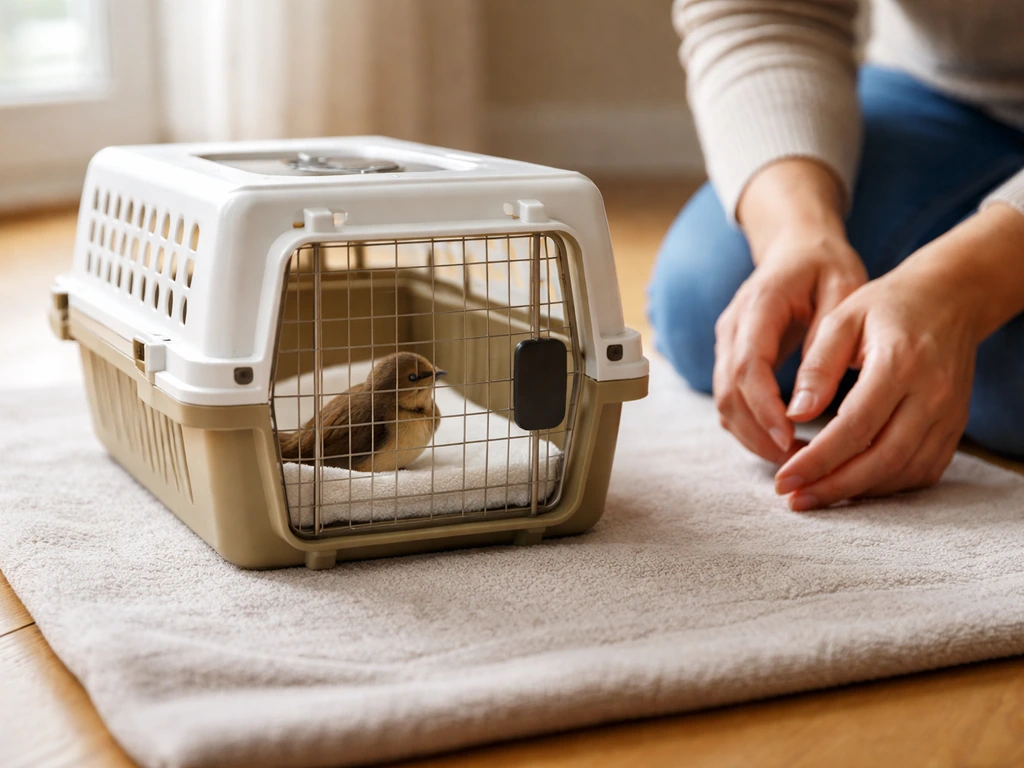 Small ventilated carrier with a resting bird, caregiver hands nearby, ready for urgent vet transport.