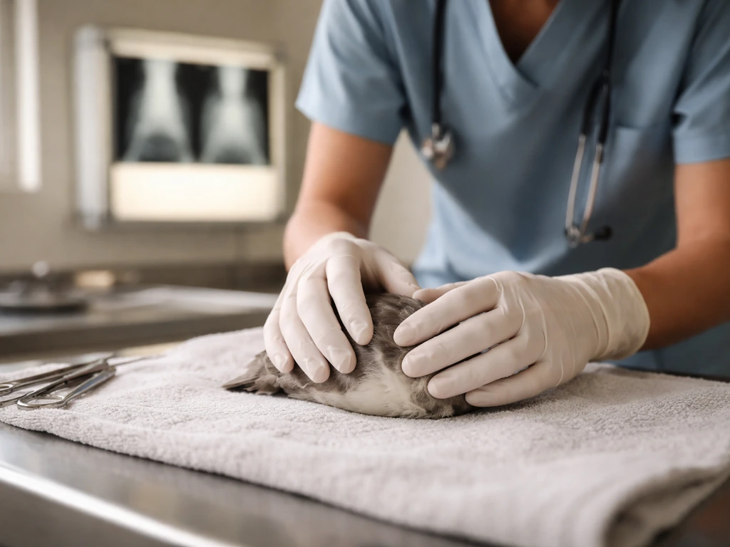 Vet gently palpates an animal in an avian clinic exam room beside an X-ray lightbox