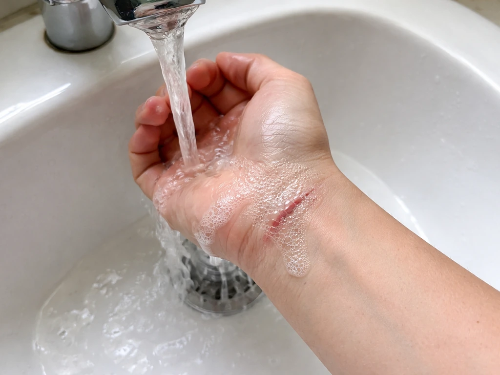 Hand washing an animal-wound style scratch under a running faucet with soap at a bathroom sink.