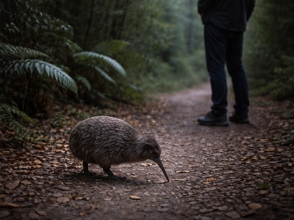 Wild brown kiwi foraging at dusk on a New Zealand dirt path, keeping distance from a person