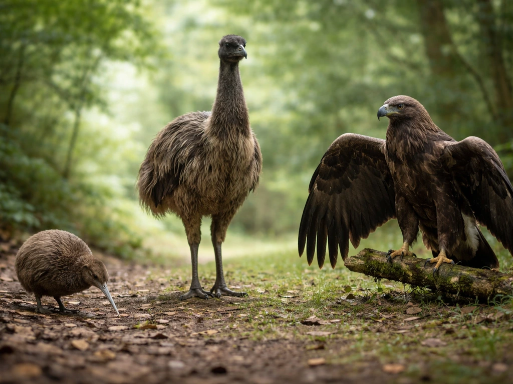 Side-by-side photo scene comparing a kiwi with a large threatening bird in a simple natural setting.