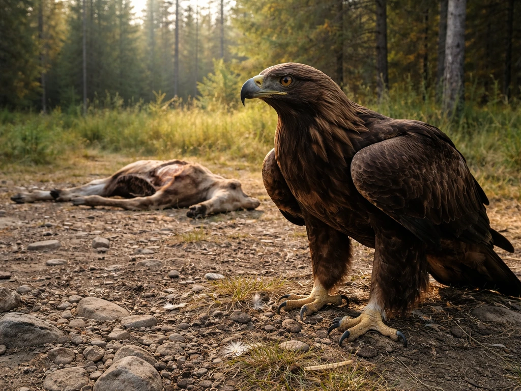 Golden eagle near a deer carcass in a quiet forest clearing, realistic scavenging scene.