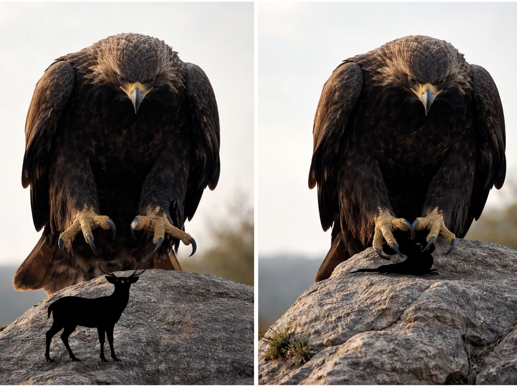 Large raptor talons gripping a small prey-sized silhouette, with a second raptor scale shown as too small.