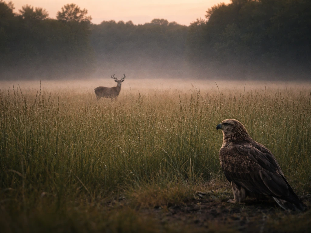 Distant deer in tall grass with a perched raptor nearby, shot with smartphone-distance perspective.