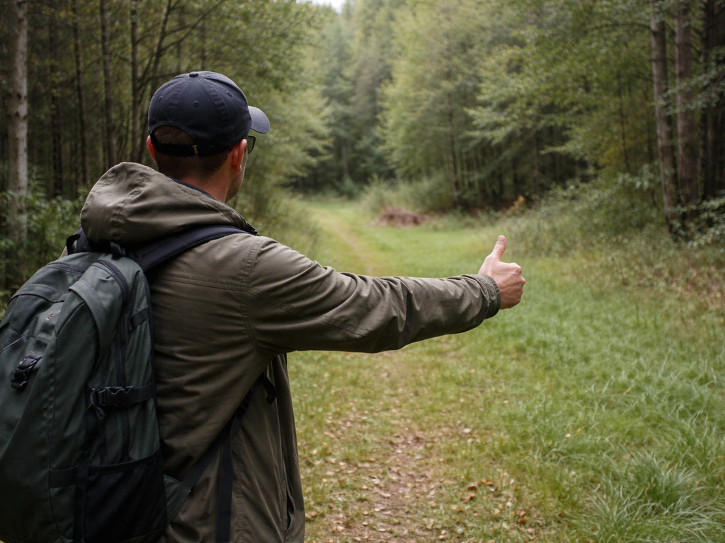 Adult on a forest trail holding an arm out with thumb extended, keeping distance from distant wildlife.