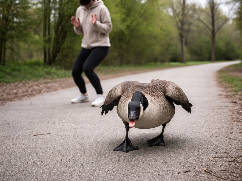 Canada goose charging on a park path while a person backs away with hands raised for safety.