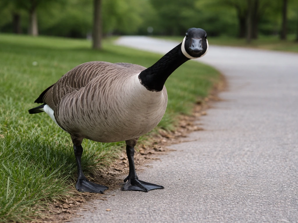 Canada goose in a defensive stance near a park sidewalk, with a blurred nature background.