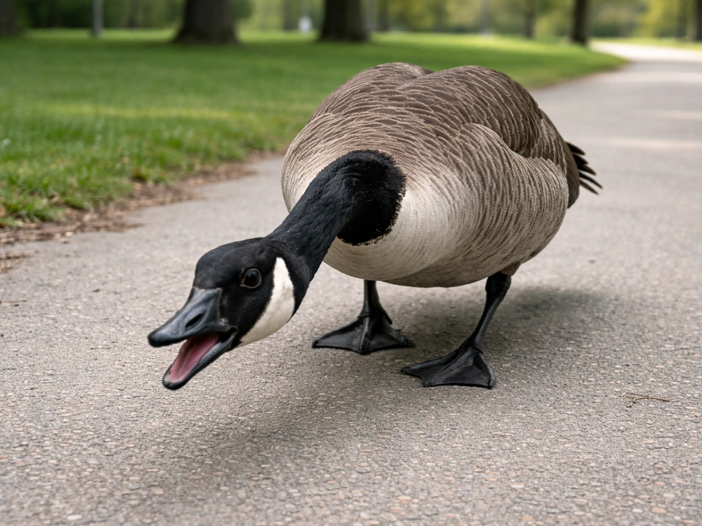 Hissing goose with neck stretched low in a quiet park path, warning posture before any contact.