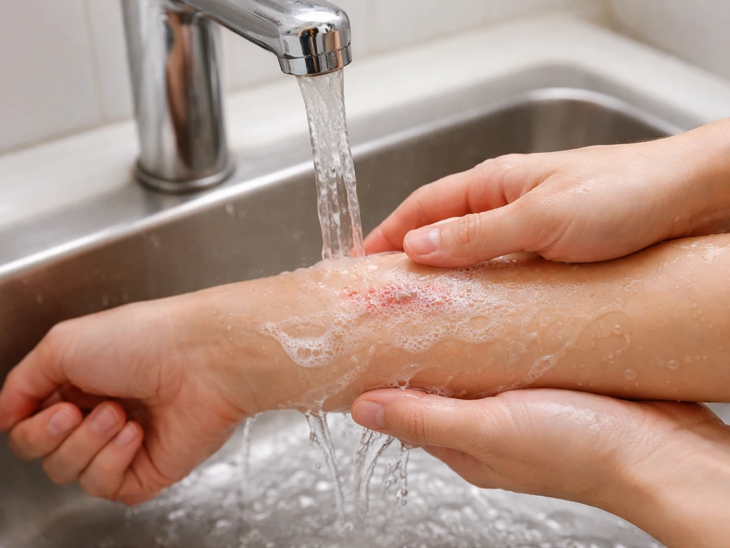 Close-up of hands rinsing a forearm wound under running water with mild soap in a bathroom sink.