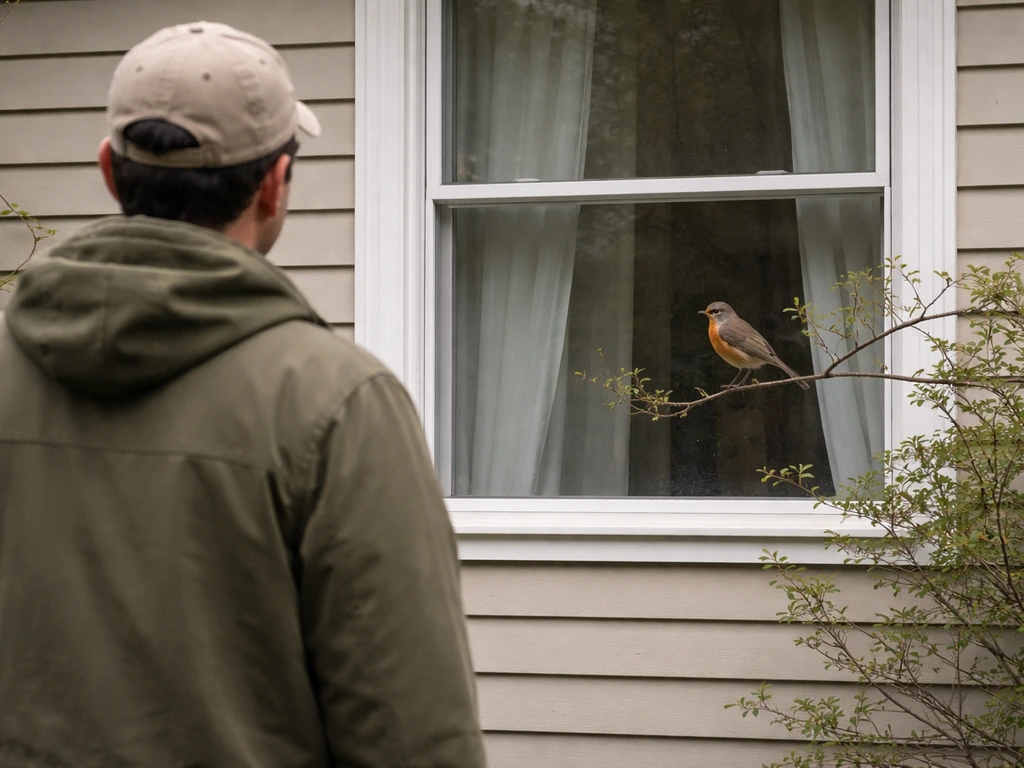 A person at a safe distance near a house while a wild bird perches by a window branch area