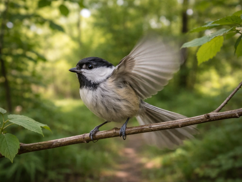 Calm songbird perched on a branch in dappled light, alert posture suggesting mild startle without harm.