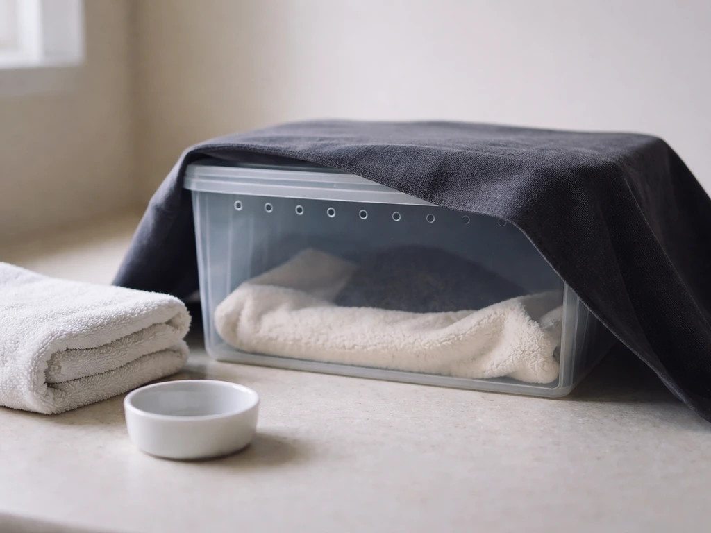 Injured bird first-aid setup: ventilated dark covered box on a quiet surface, no human present.