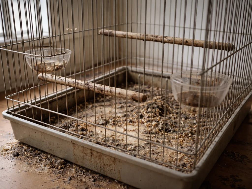 Wide photo of a bird cage with a dirty tray and deteriorating bedding, suggesting unsafe conditions.