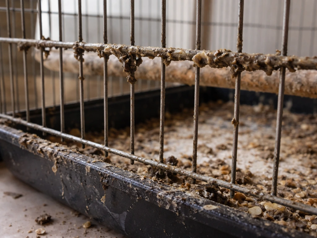 Close-up of a pet cage interior with accumulated droppings on bars, perches, and the tray.