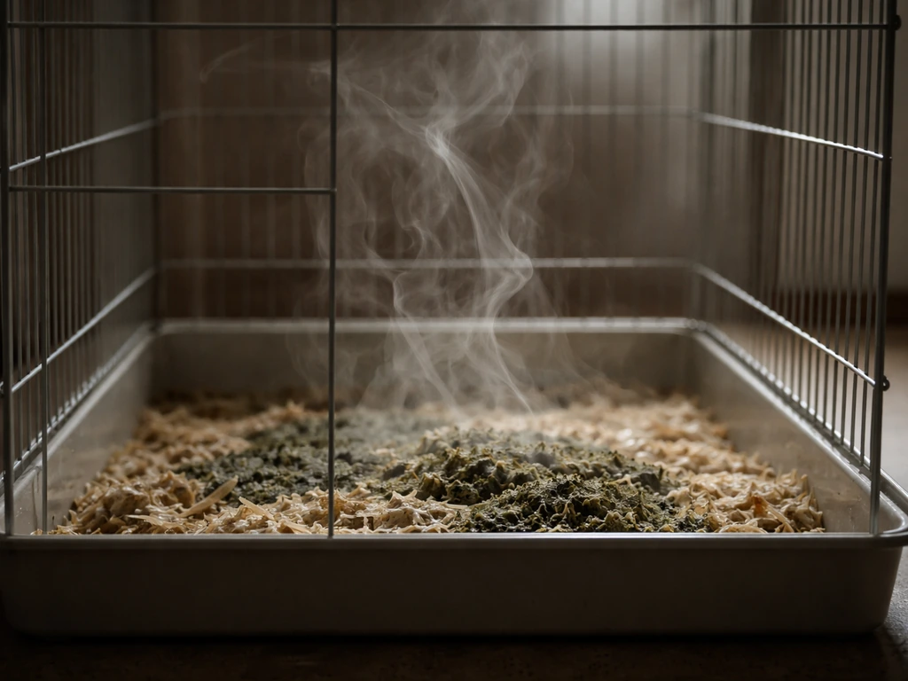 Hazy fumes rising near a cage with wet, moldy bedding and litter on a simple surface
