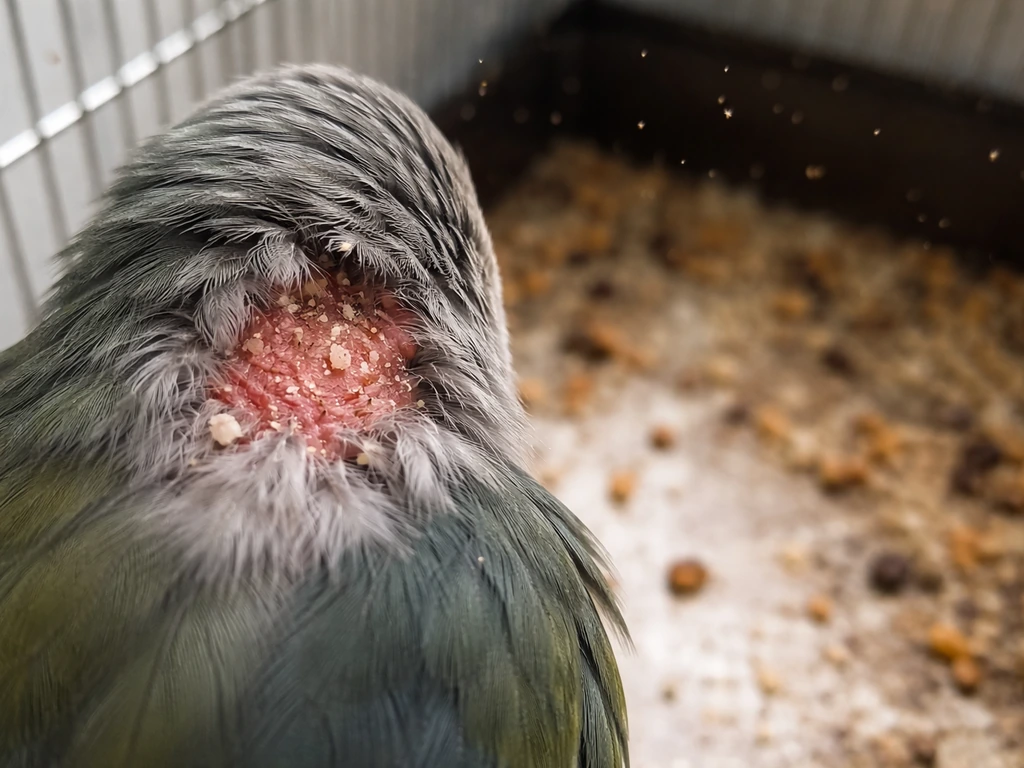 Close-up of irritated bird feathers with a dirty cage bottom and tiny mite-like specks in the background.