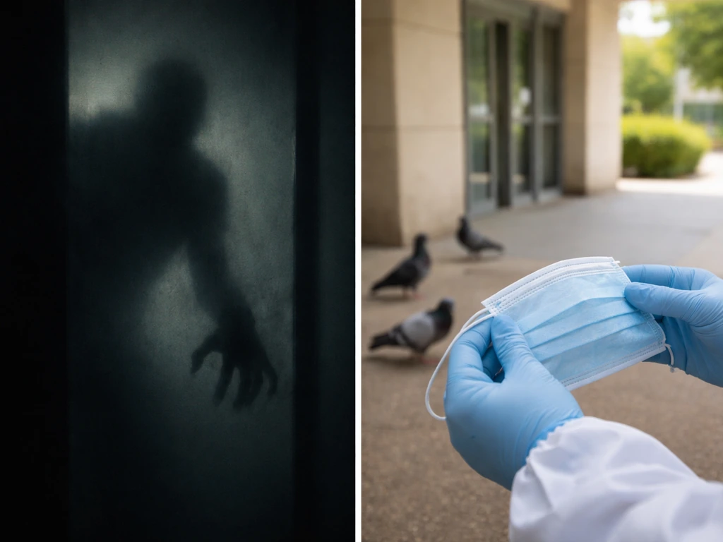 Split view of horror silhouette labeled Bird Box concept and a safe public-health scene with birds in the background