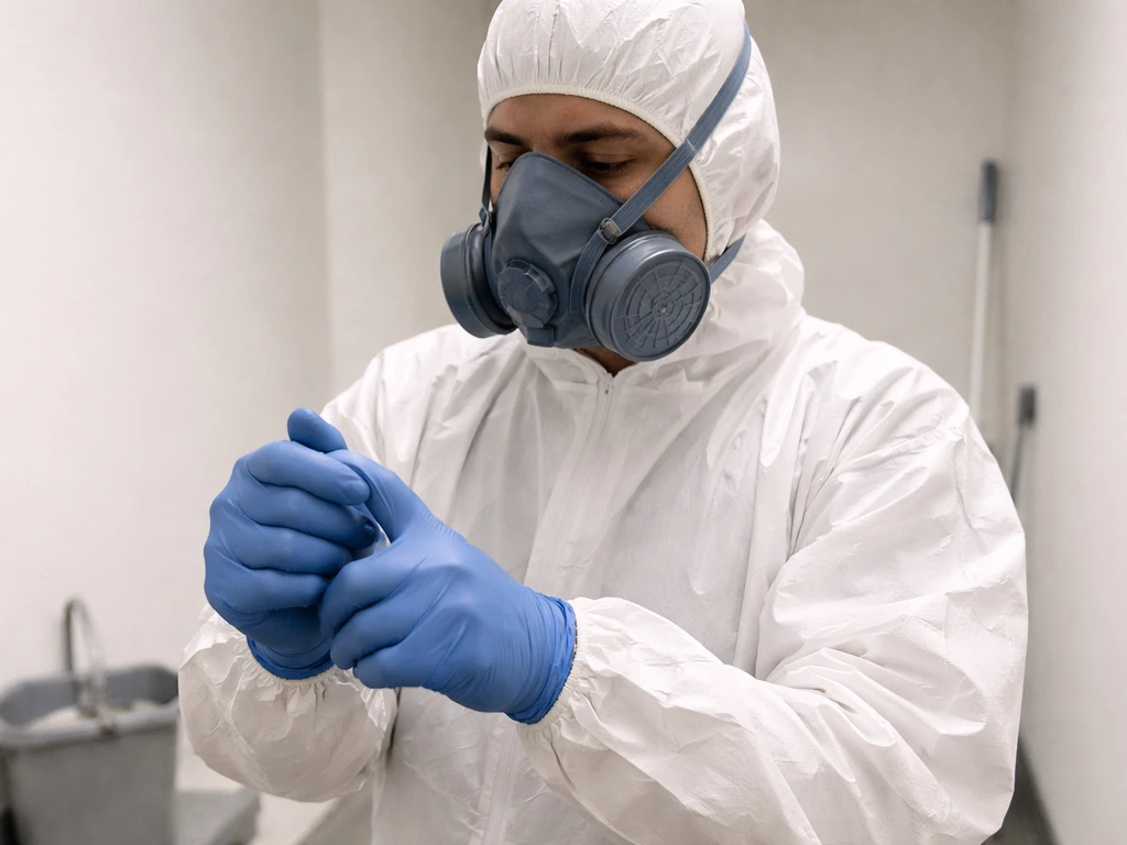 Person properly sealing a respirator and putting on gloves while preparing to clean a small area