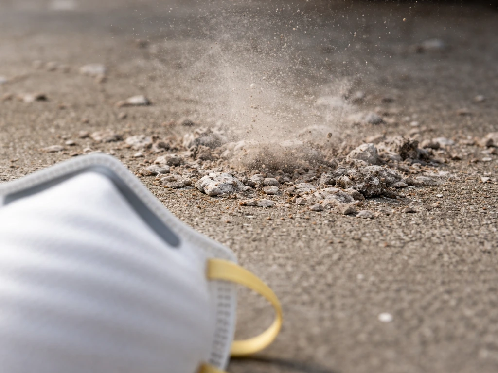 Closeup of disturbed dry bird droppings with airborne dust and a respirator filter in the foreground.