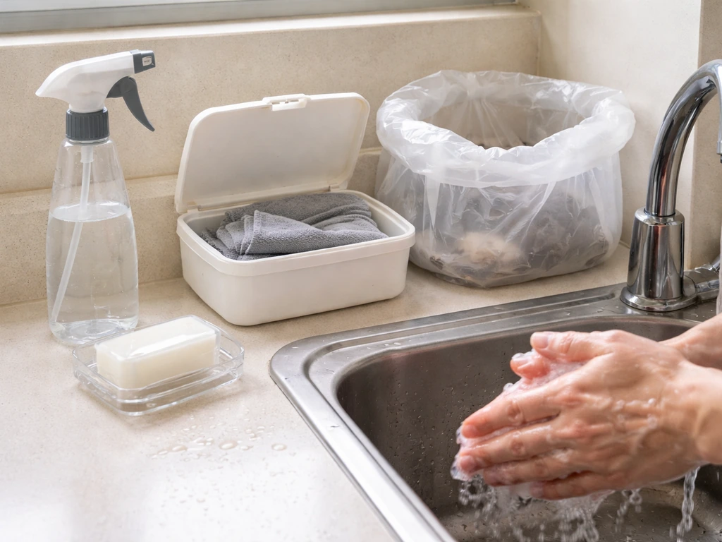 Low-dust bird-cleanup setup: wetting spray, sealed waste bag, and soap-and-water handwashing supplies.