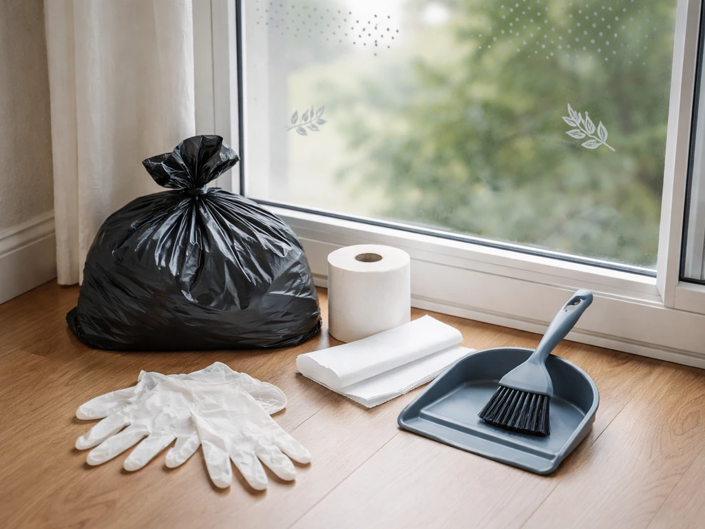 Gloved hands and cleaning tools by a window, with bird-collision deterrents visible outside.