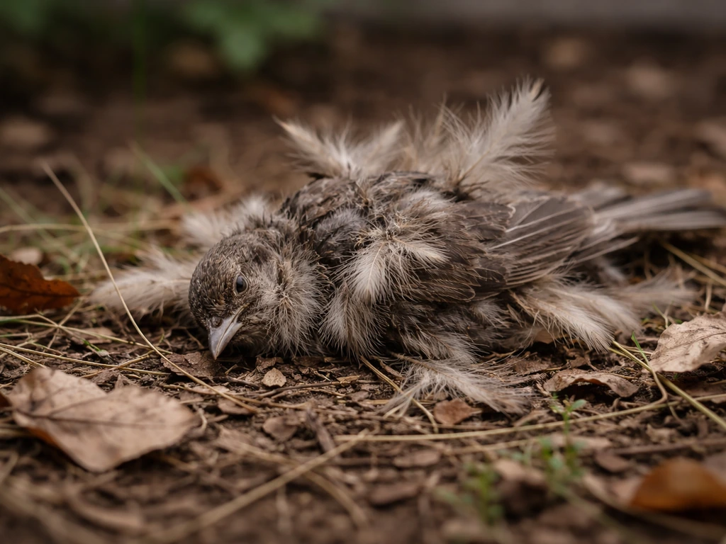 Small bird carcass on grass and leaves showing post-mortem bloating in natural daylight