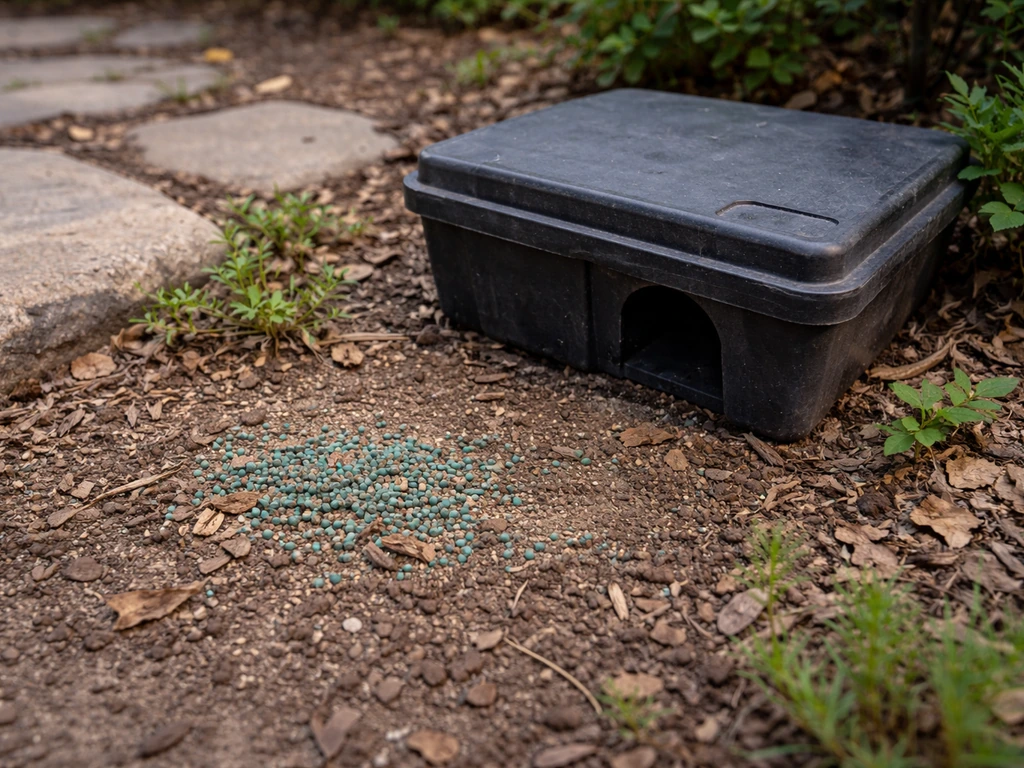 Tamper-resistant outdoor rodent bait station on soil with a small nearby scattered seed residue area.
