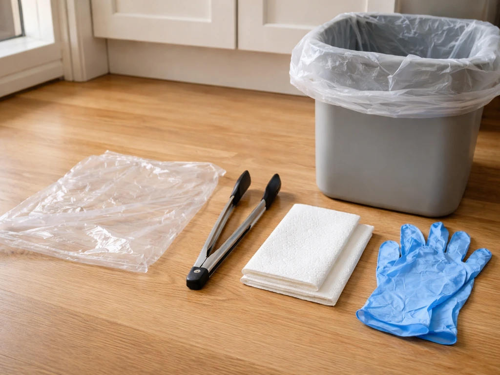 Disposable gloves and tools laid out beside a bag for safely picking up a dead bird.