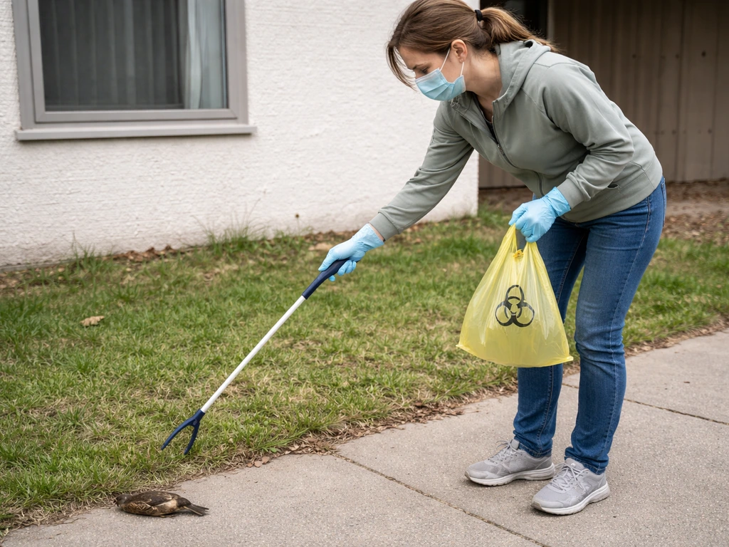 Gloved person observing a dead bird from a safe distance near a home window with sealed bag and grabber