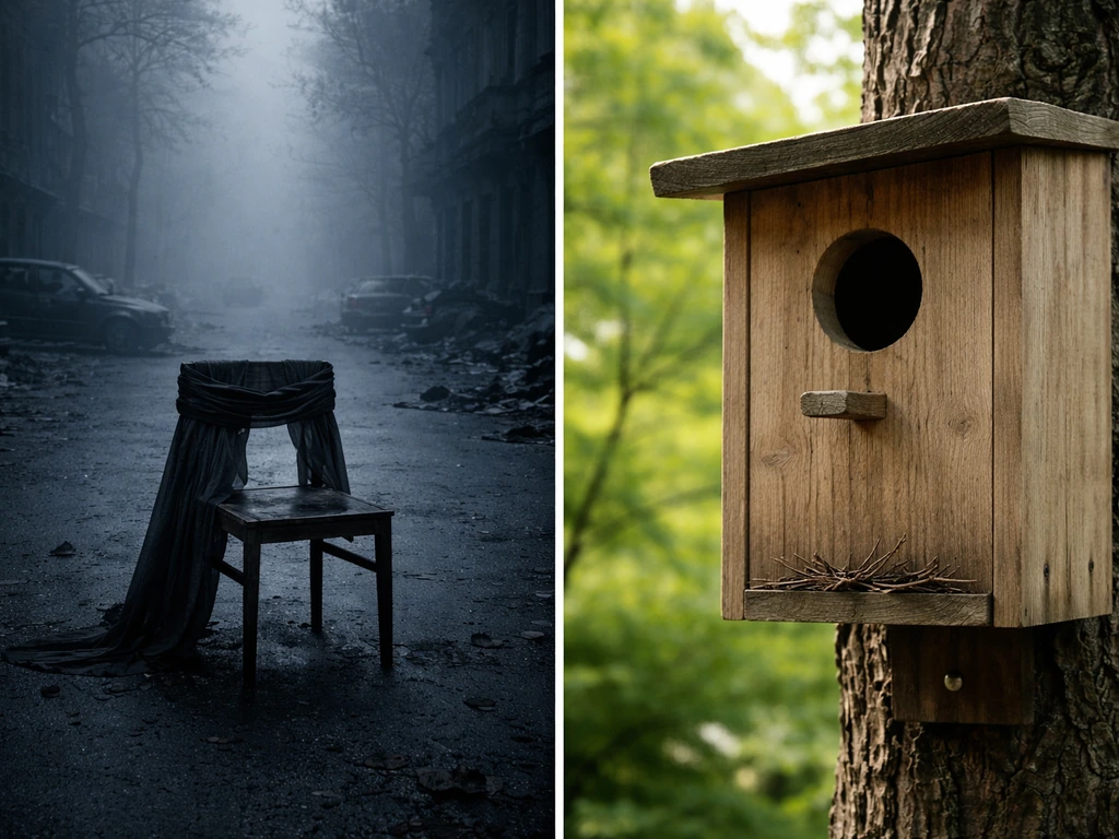 Split-screen: eerie apocalyptic blindfold feel on the left vs a wooden bird nesting box on the right.
