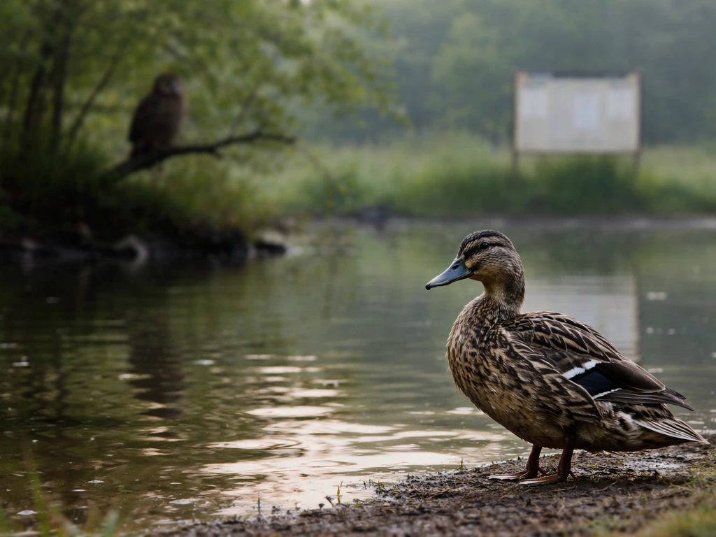 Disoriented duck by a pond with a distant perched owl and a blurred wildlife notice board behind